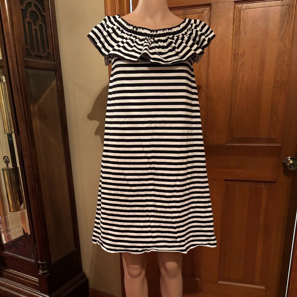 Kate Spade Broome Street off-the-shoulder striped shift dress in black and white